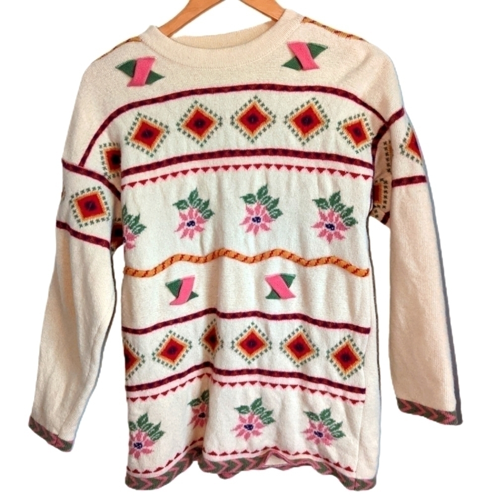 𝅺VINTAGE BENETTON Cream Neutrals Knit Fair Isles Wool Crewneck Sweater Small